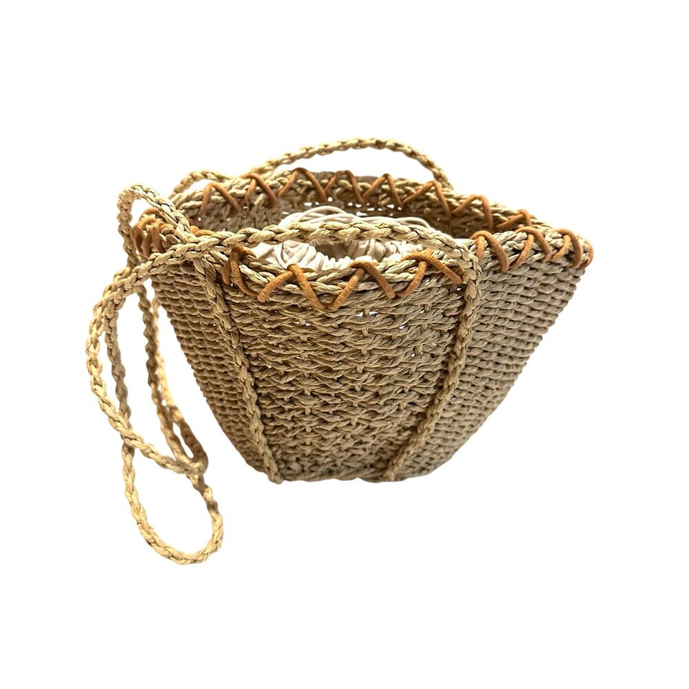 Free People Woven Straw Bucket Bag Crossbody Drawstring Lined Boho Beach Purse